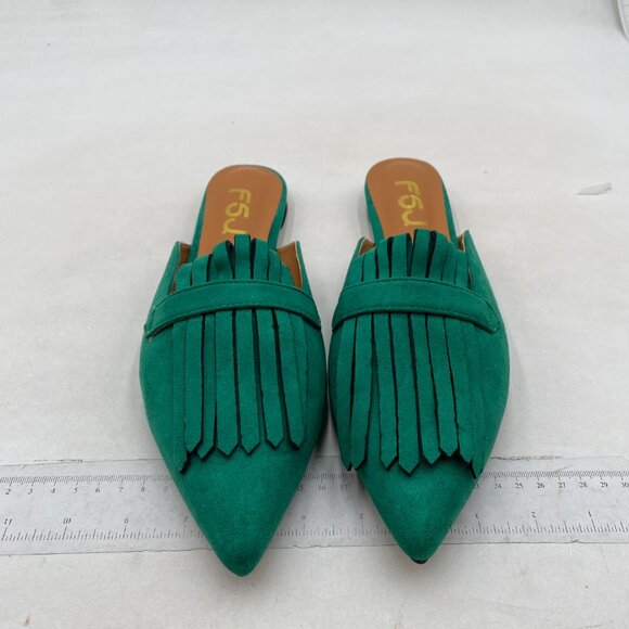 FSJ Womens Tassel Flat Mules Closed Pointed Toe, Loafers Backless Green Suede - Picture 2 of 7